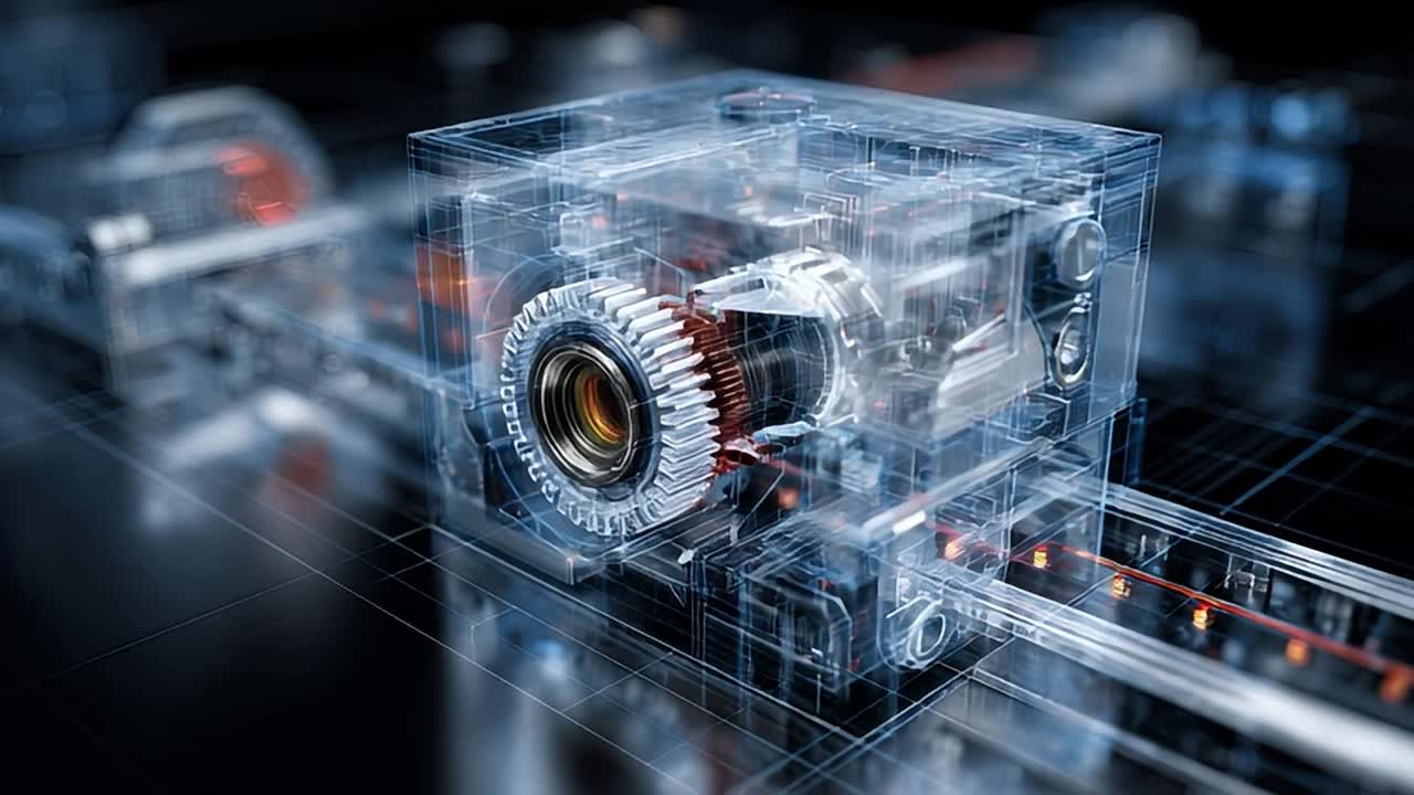 Close-up of a transparent camera showing internal mechanics