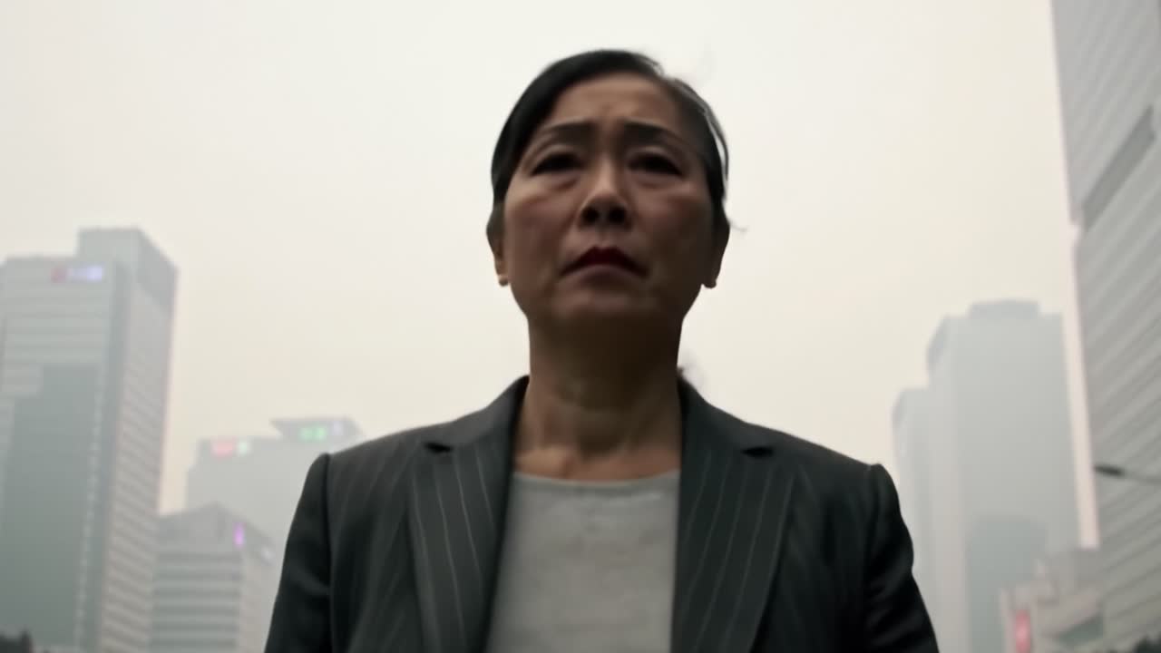 In a desolate urban landscape shrouded in haze, a determined woman steps forward, embodying resilience amidst climate change and environmental degradation challenges