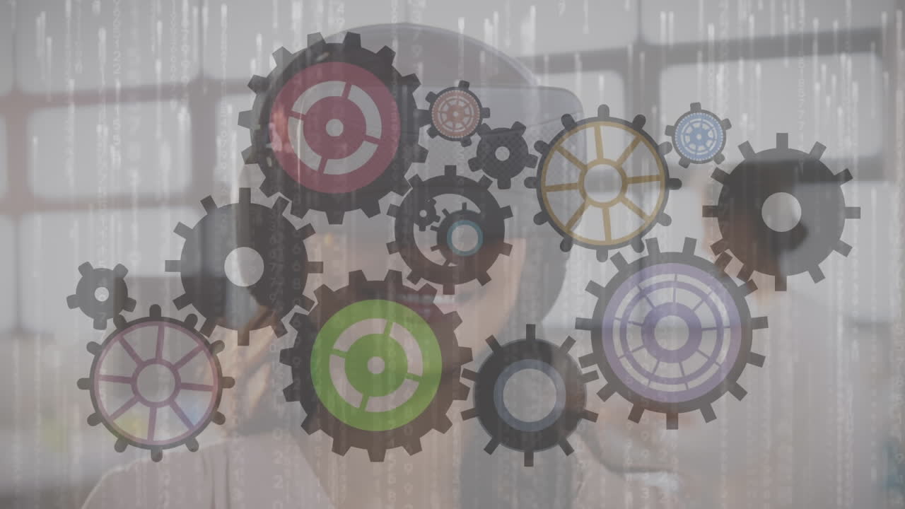 animación de engranajes moviéndose sobre mujer usando auriculares vr