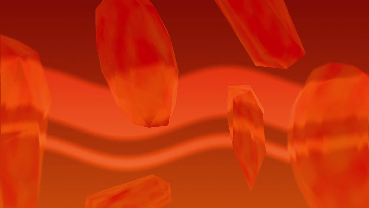 오렌지색 파란색 바탕에 회전하는 오렌지색 반투명한 결정성 유기체 모양