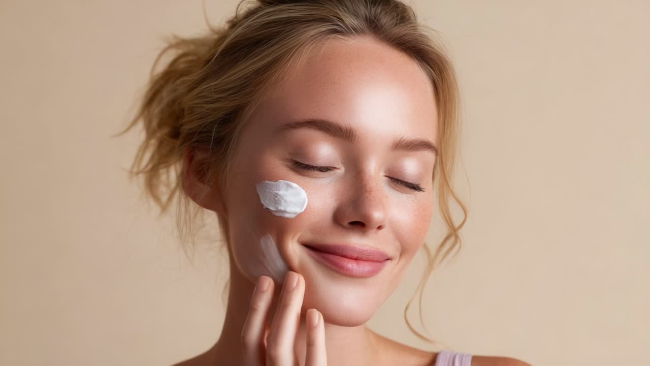 A Young Woman Delights in Skincare Rituals, Gently Applying Cream on Her Face with a Content Smile, Emphasizing Self-Care and Beauty in a Soft, Natural Setting