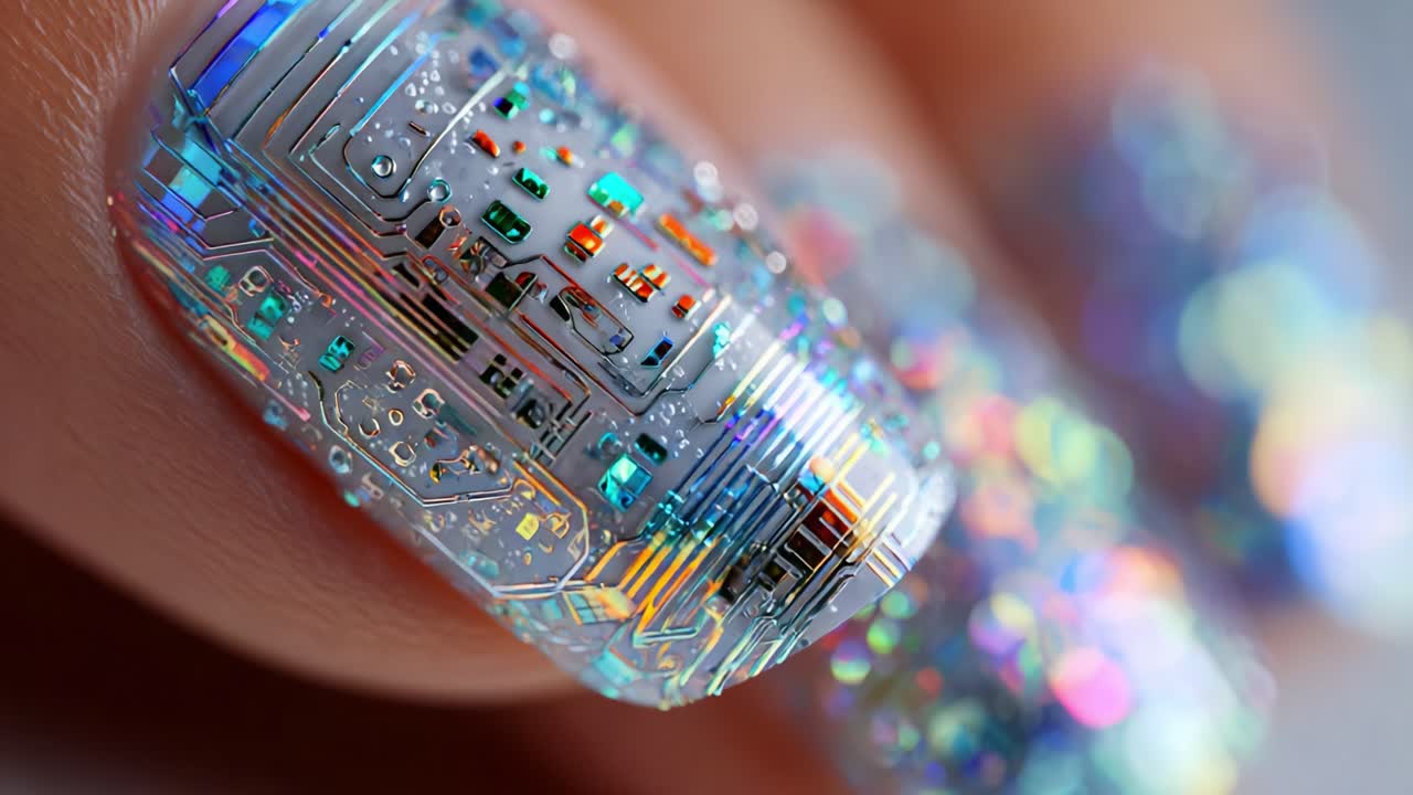 A Close-Up View of Innovative Nail Art Featuring Intricate Circuit Board Designs and a Dazzling Holographic Glitter Finish, Perfect for Tech Enthusiasts and Fashion Lovers Alike