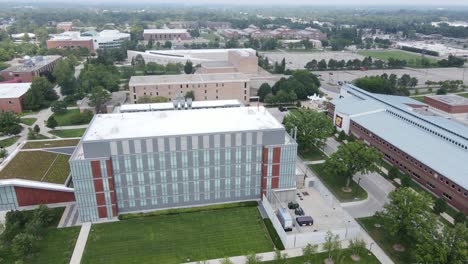 biosciences building next to school of engineering and technology, central michigan university, aerial drone view