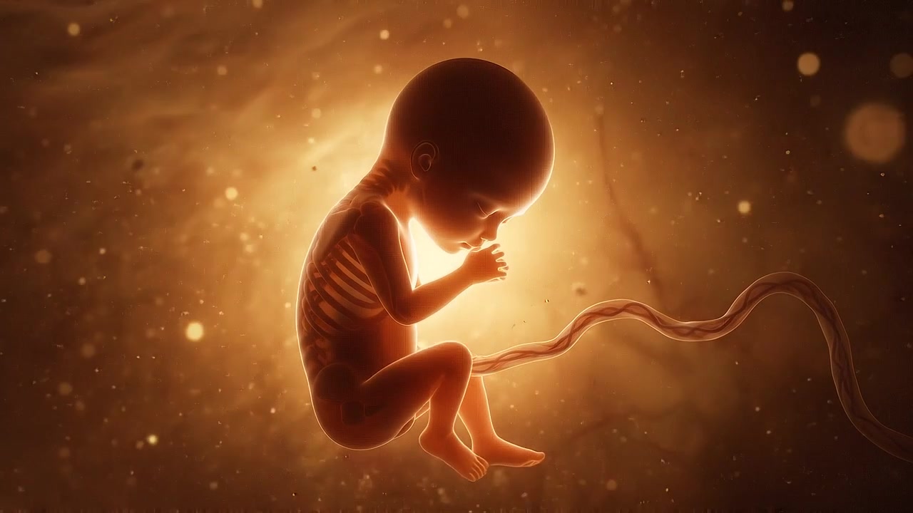 Feto umano in sviluppo nell'utero con illuminazione ambientale dorata