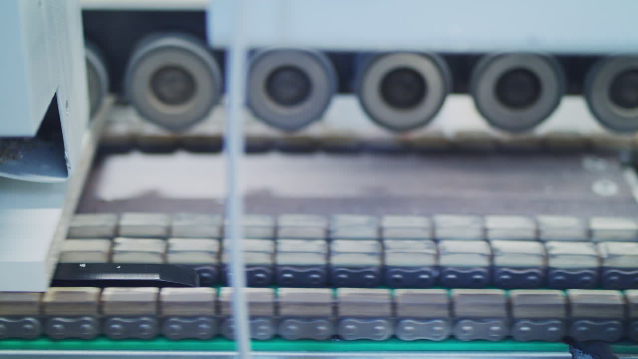 Laminated plywood on a conveyor belt. Automated plywood laminating machine in a furniture manufacturing factory, capturing the intricate process of construction and robotics.