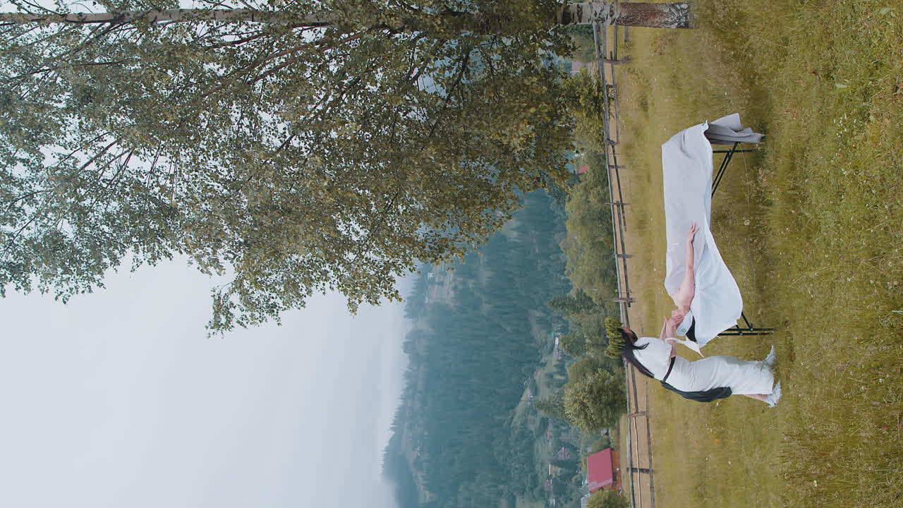 терапевт женщина врач делает женщину расслабляющий спа массаж лица руками на открытом воздухе в горном поле