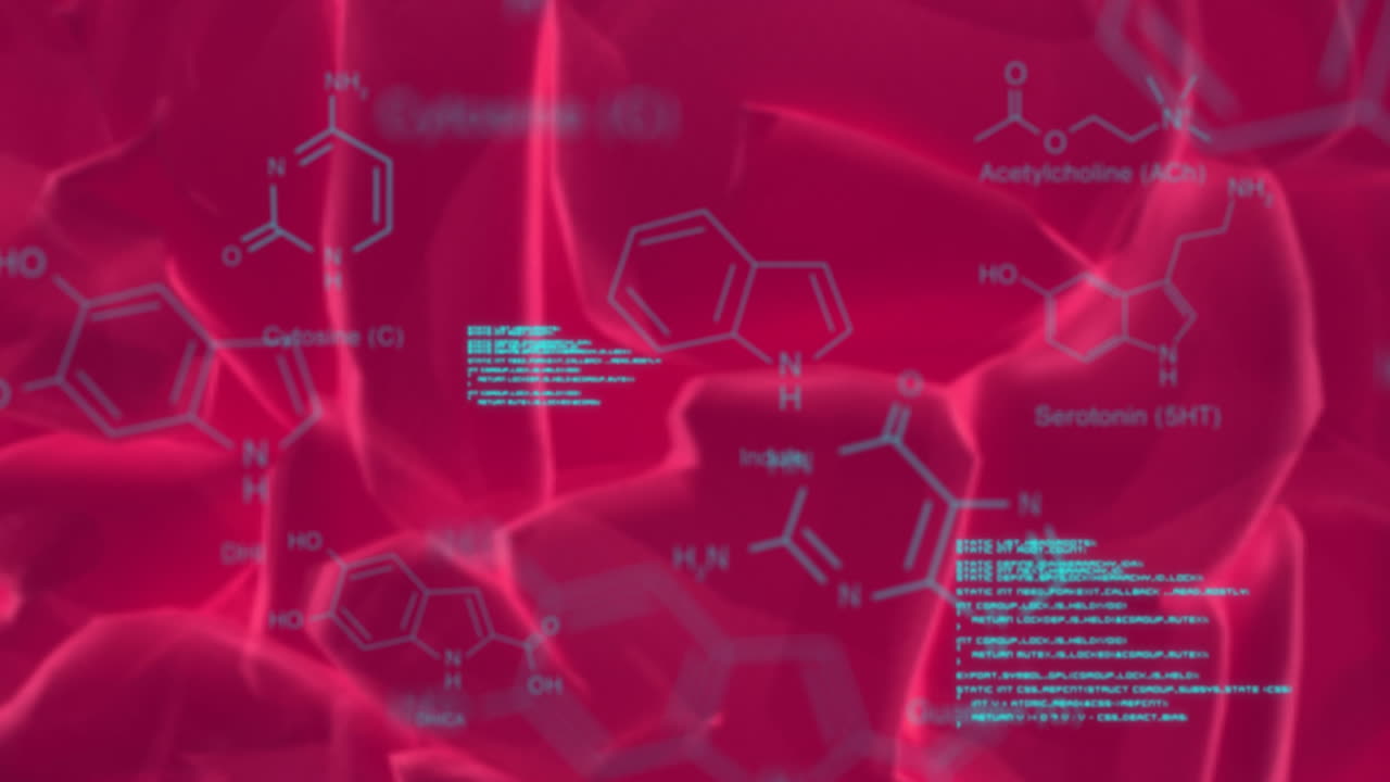 화학 공식의 애니메이션과 회전하는 뇌와 정맥에 대한 데이터 처리