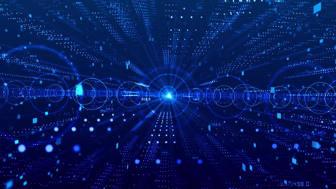 Futuristic data city tunnel visual with glowing blue dots circular target rings and deep technology