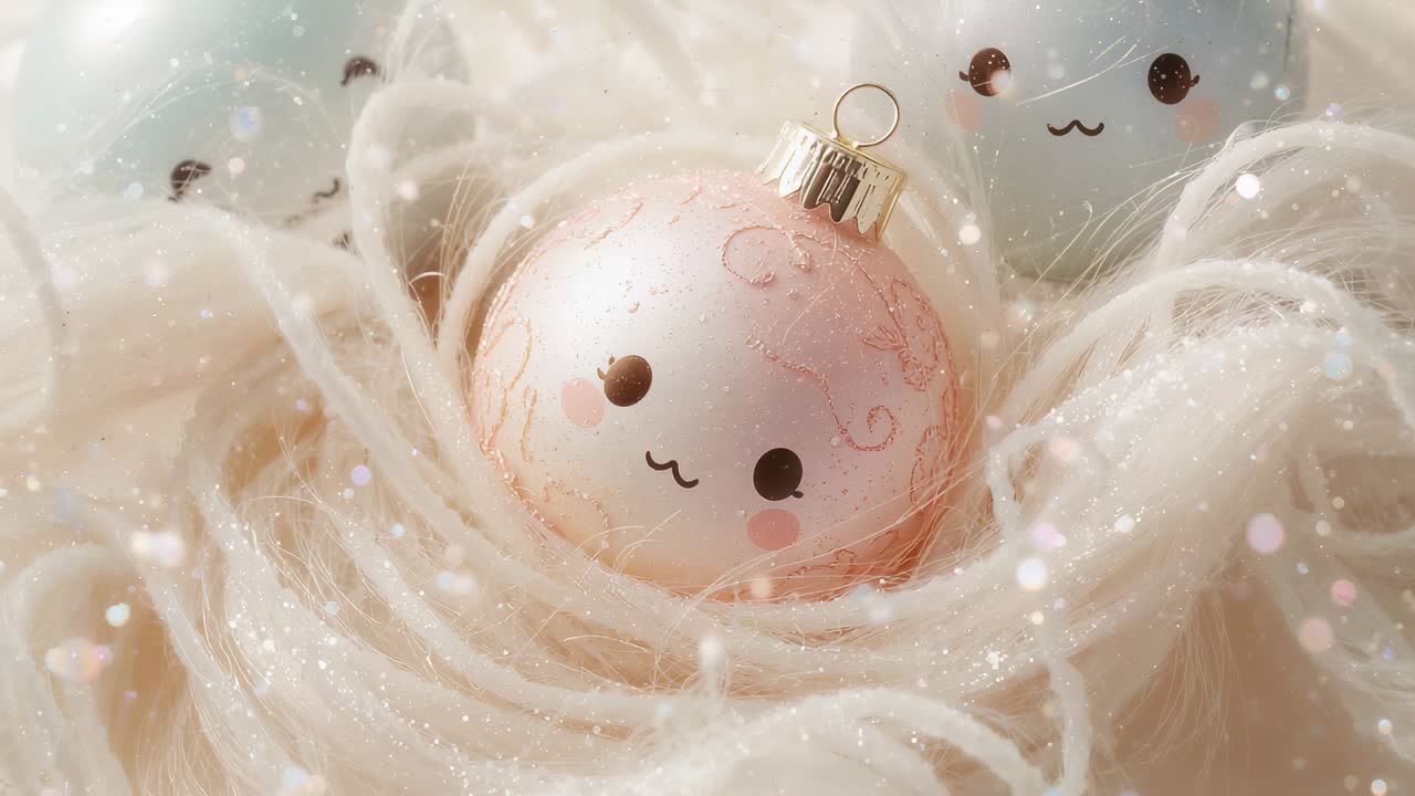 Nudging fingers from top-right pushing pink ornament centering in yarn nest on table with sparkles