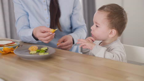 madre irreconocible alimentando a su pequeño bebé con segmentos de clementina mientras se sientan juntos en la mesa de la sala de estar