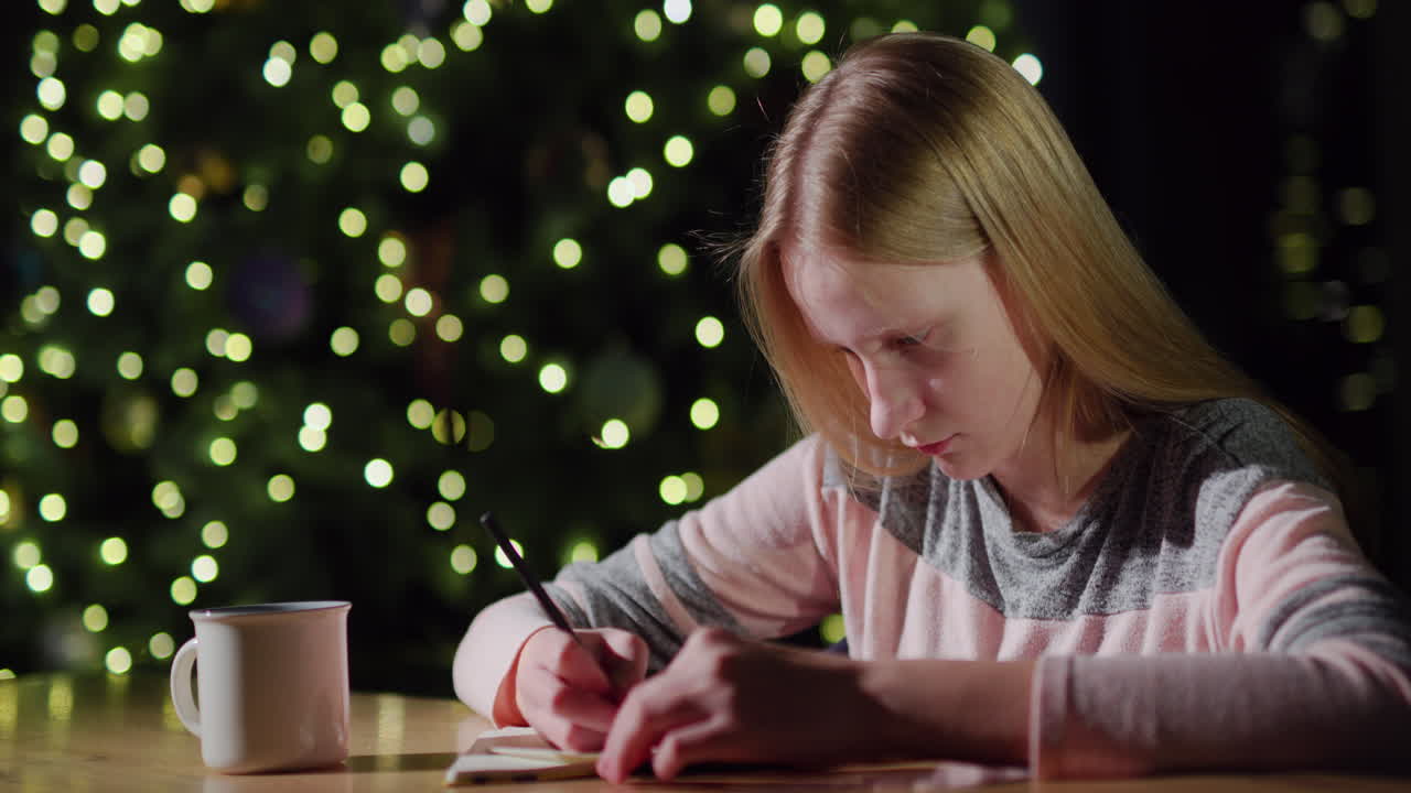 아이의 초상화, 일기에서 다음 해의 계획을 쓴다. 크리스마스 트리 꽃줄의 흐릿한 불빛의 배경에