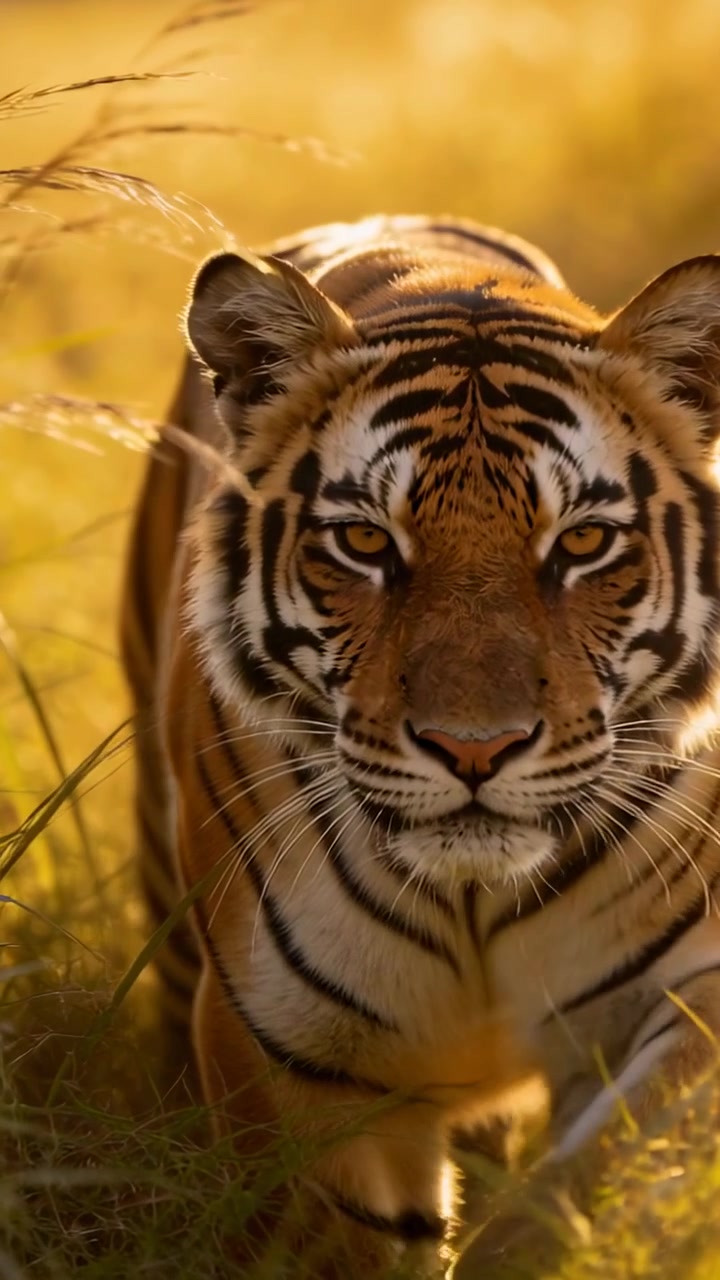 Video verticale: Tigre adulta che individua la telecamera mentre cammina nella prateria, con baffi e zampa anteriore visibili.