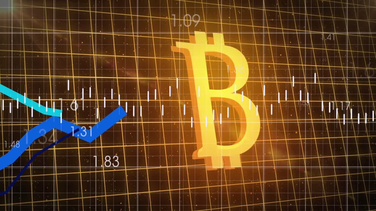 검은색 배경에 비트코인 기호 위에 데이터 처리 및 그래프의 애니메이션