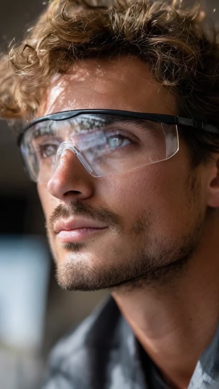 A focused young man wearing protective eyewear gazes thoughtfully, embodying concentration and determination in a setting that enhances his reflective demeanor