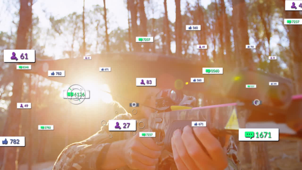 Man wearing camouflage aiming crossbow in sunlit pine woods, with floating social icons marketing