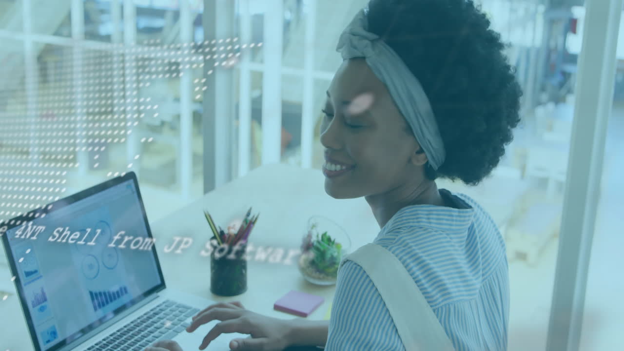 Animation of financial data processing over african american businesswoman using laptop
