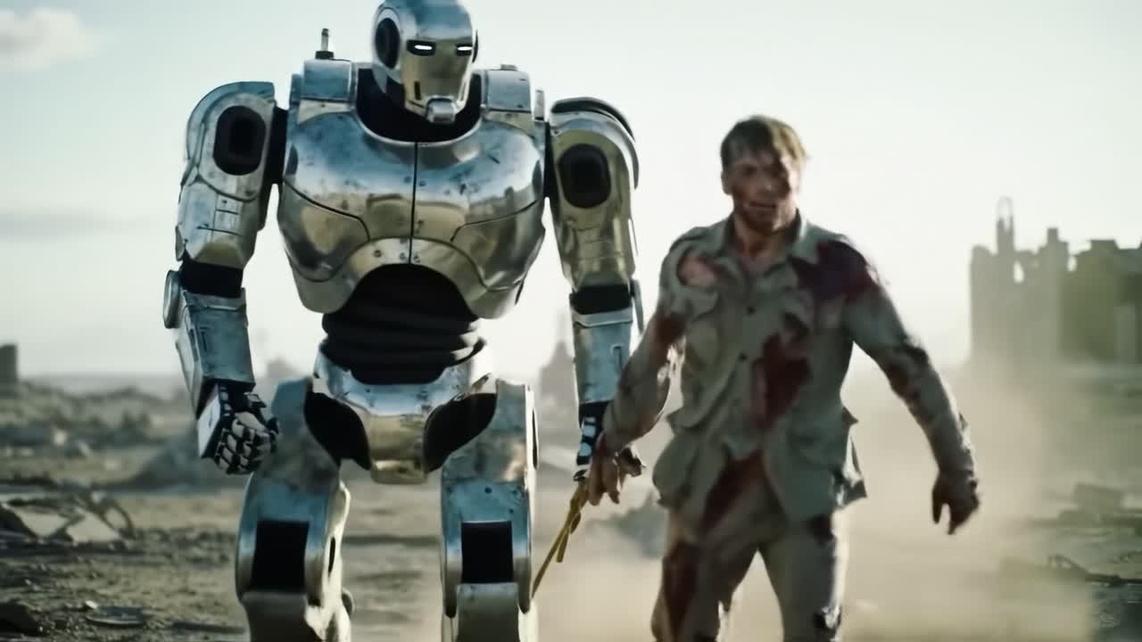 A robot and a bloodied human work together in a desolate environment. They carefully move through debris, showcasing the bond between technology and survival in a bleak setting.