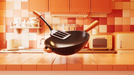 loop animation of cookware in the kitchen room with cartoon style, 3d rendering.