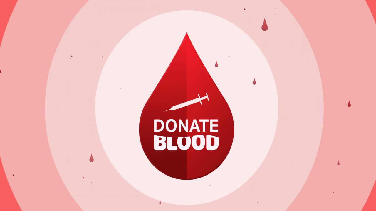 Animation of donate blood text with syringe and droplet logo, and drops of blood over pink circles
