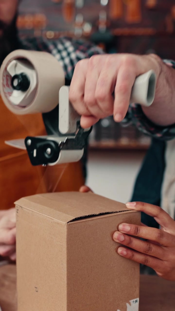 Two People Sealing a Cardboard Box with Packing Tape