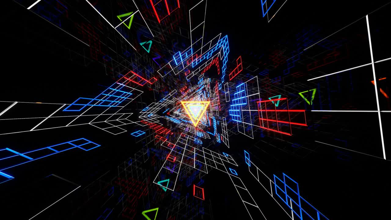 es un misterioso túnel de neón brillante y reluciente con triángulos voladores brillantes.