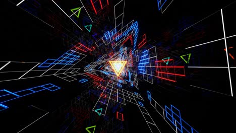 is a mystical bright shimmering neon tunnel with bright flying triangles.