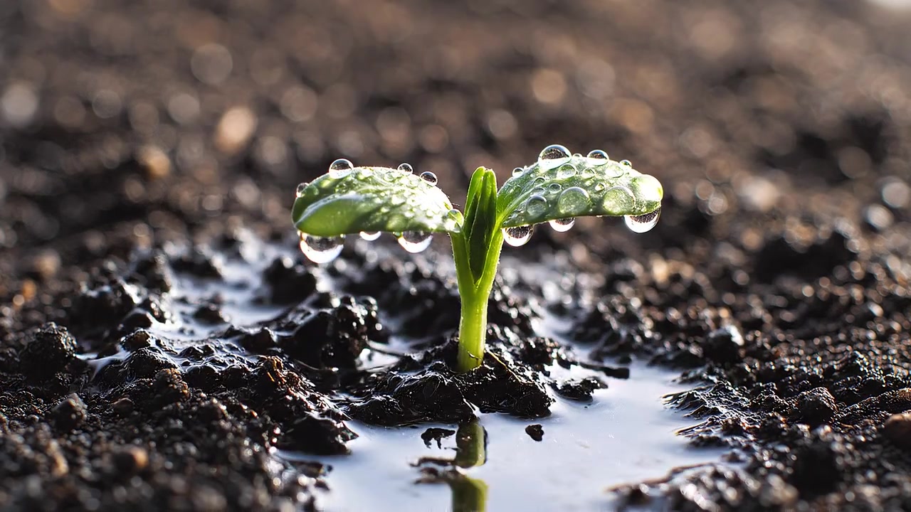 Watering a small green seedling in dark fertile soil