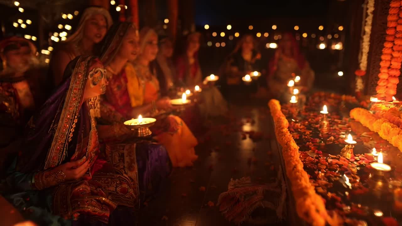 A low-angle video captures women in traditional attire, holding lamps during a nighttime ceremony