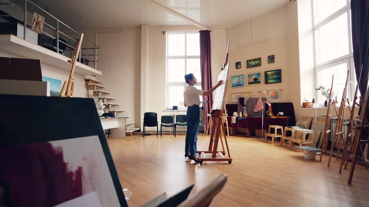 Donna che dipinge in uno studio d'arte