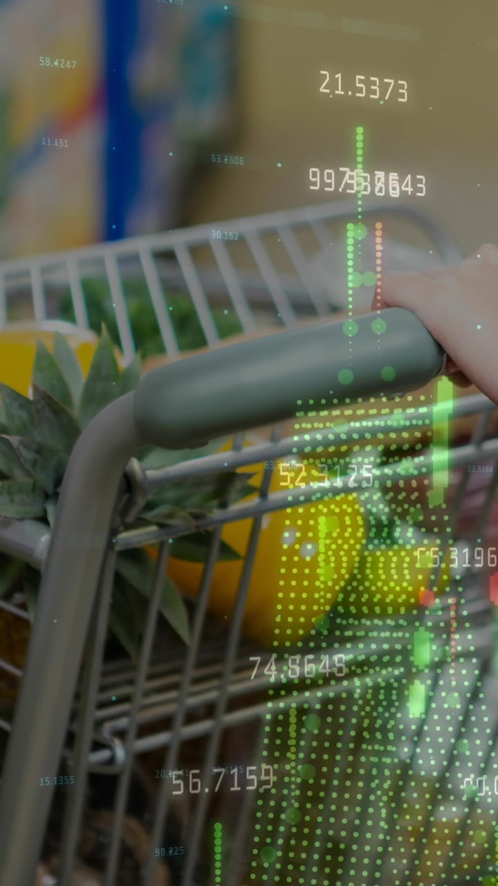 Animazione di elaborazione dati finanziari su un carrello della spesa.