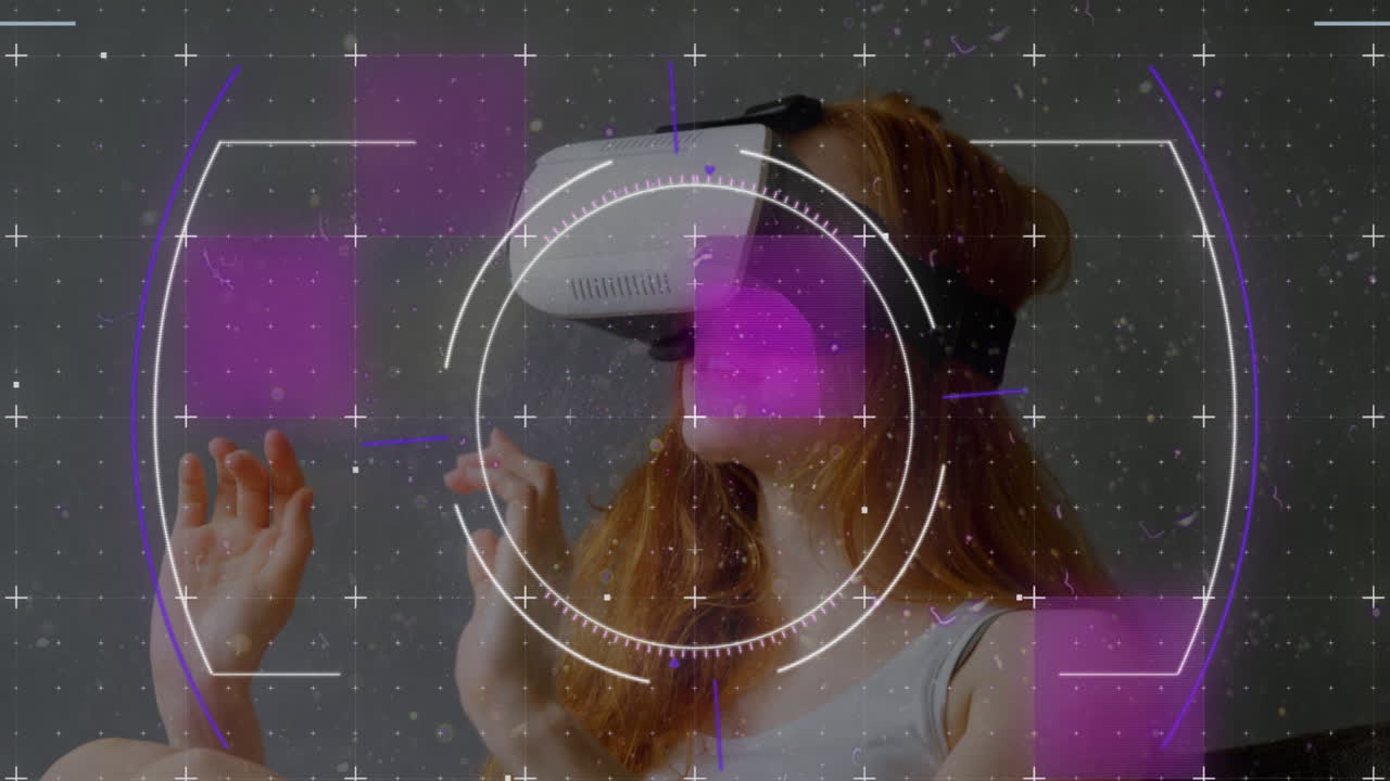 Scope scanning over grid network against caucasian woman wearing vr headset at home