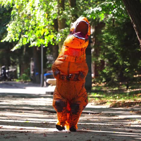funny dragon outdoors. person dressed in an orange blow-up dragon costume walking in the park in a sunny day.
