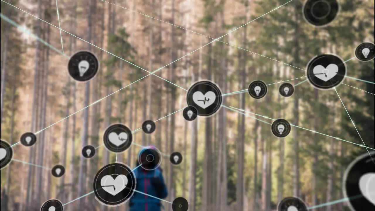 숲에서 달리는 백인 여성에 대한 아이콘과 연결 네트워크의 애니메이션