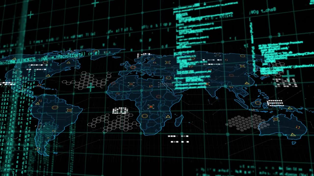 Animation of data processing over dark background
