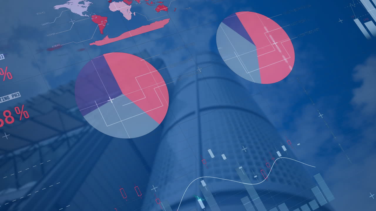Animation of data processing and world map over cityscape