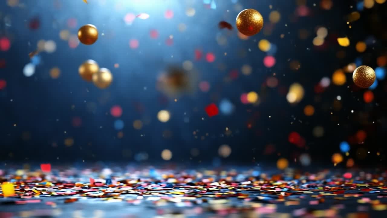 Colorful party confetti and decor. Colorful confetti and golden balls cascade onto a shiny surface, creating a festive celebration atmosphere.