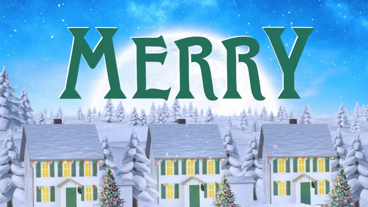 즐거운 텍스트와 겨울 풍경에 눈이 떨어지는 애니메이션