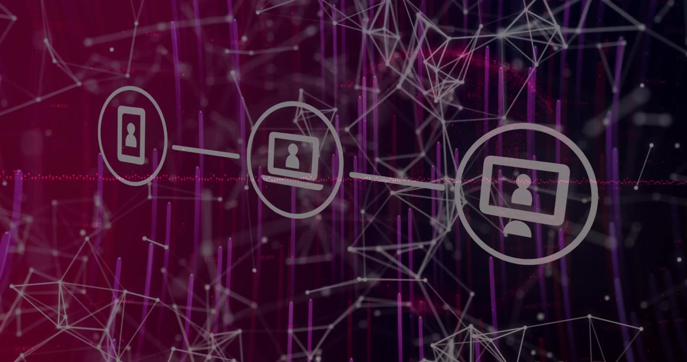 Digital icons and network of connections against purple light trails on black background