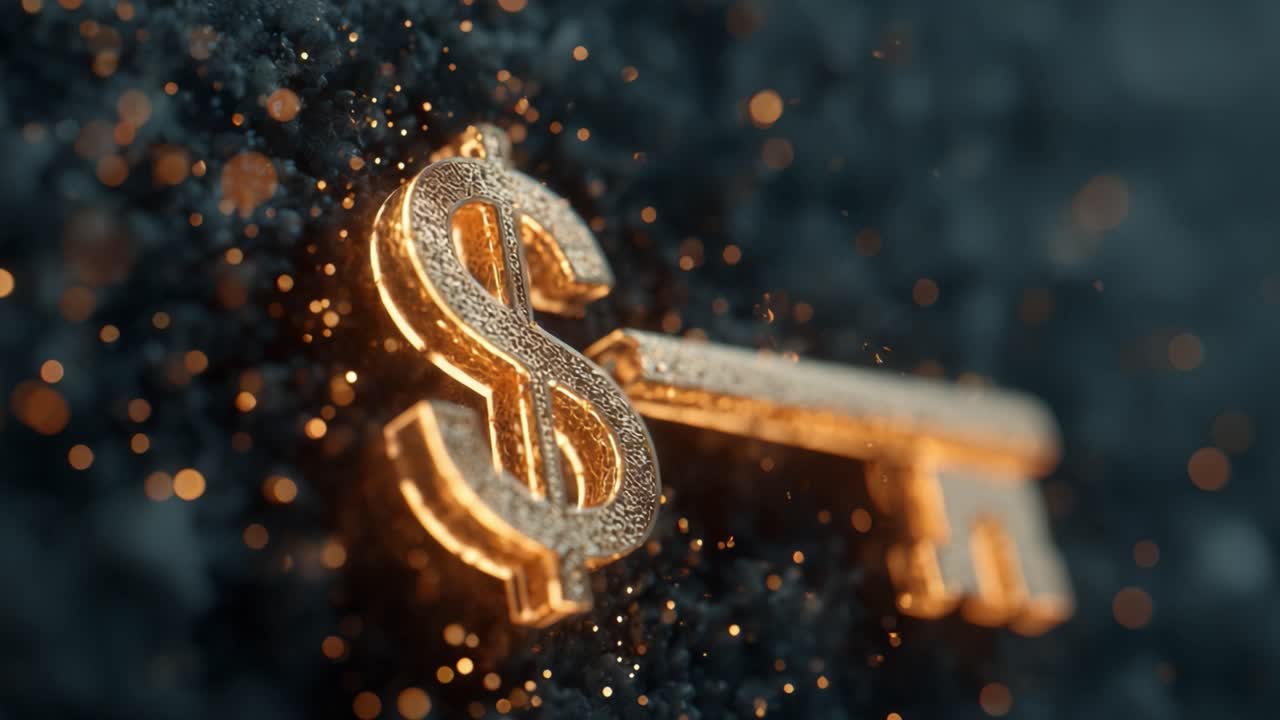 Glowing golden key with a dollar symbol bow floating over a dark, textured background with sparkling particles, representing wealth, opportunity, investment, and the key to financial success
