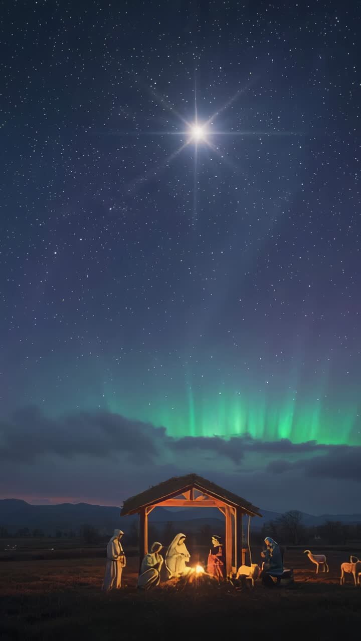 Vertical video: Guiding star drawing robed family, shepherds kneeling at stable, honoring infant