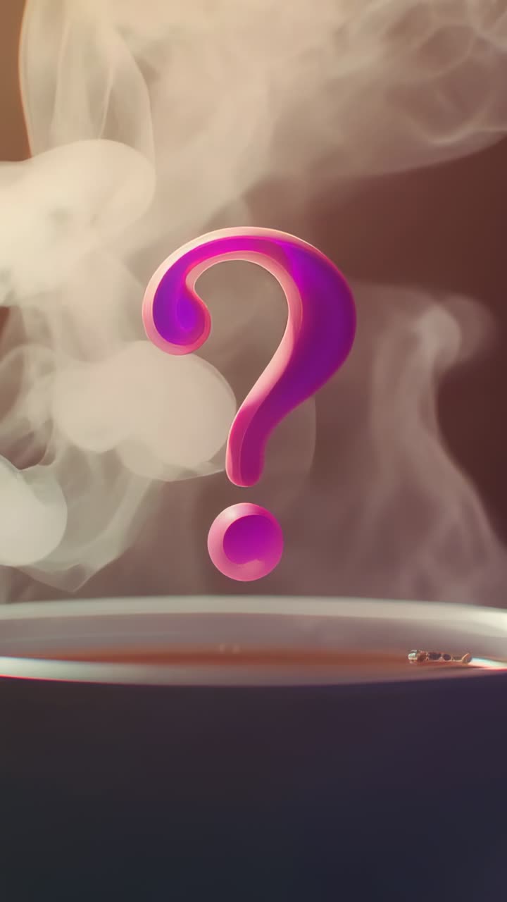 Vertical video: Rising steam curling and growing around pink question mark from hot cup rim, spoon