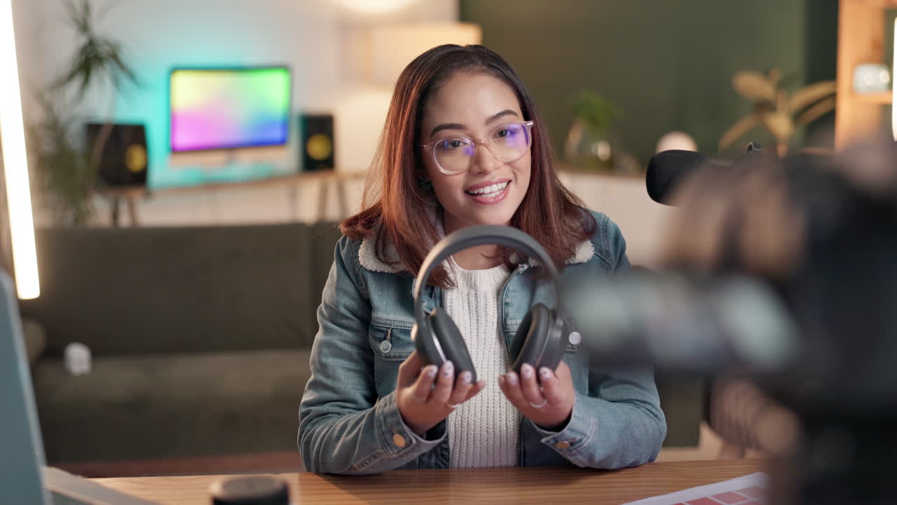 Woman holding headphones in home podcast studio