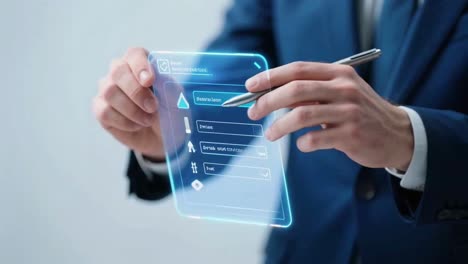 businessman using a stylus to complete a digital checklist on a futuristic tablet