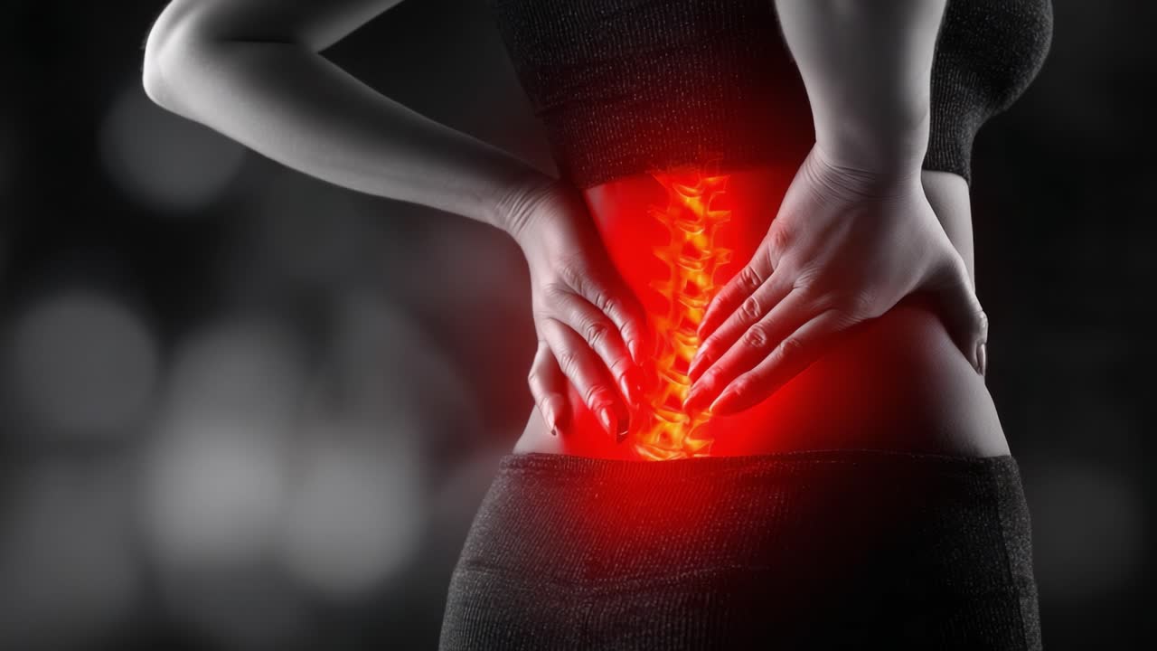 Uma Representação Visual da Dor Lombar: Destacando a Área da Coluna Vertebral com Iluminação Vermelha para Enfatizar o Desconforto e a Atenção aos Problemas de Costas