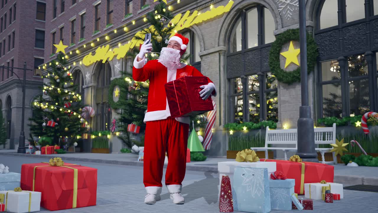 cuerpo lleno de santa claus asiático teniendo una llamada de videoconferencia con alguien a través de teléfono inteligente mientras sostiene una caja de regalos en la noche de navidad