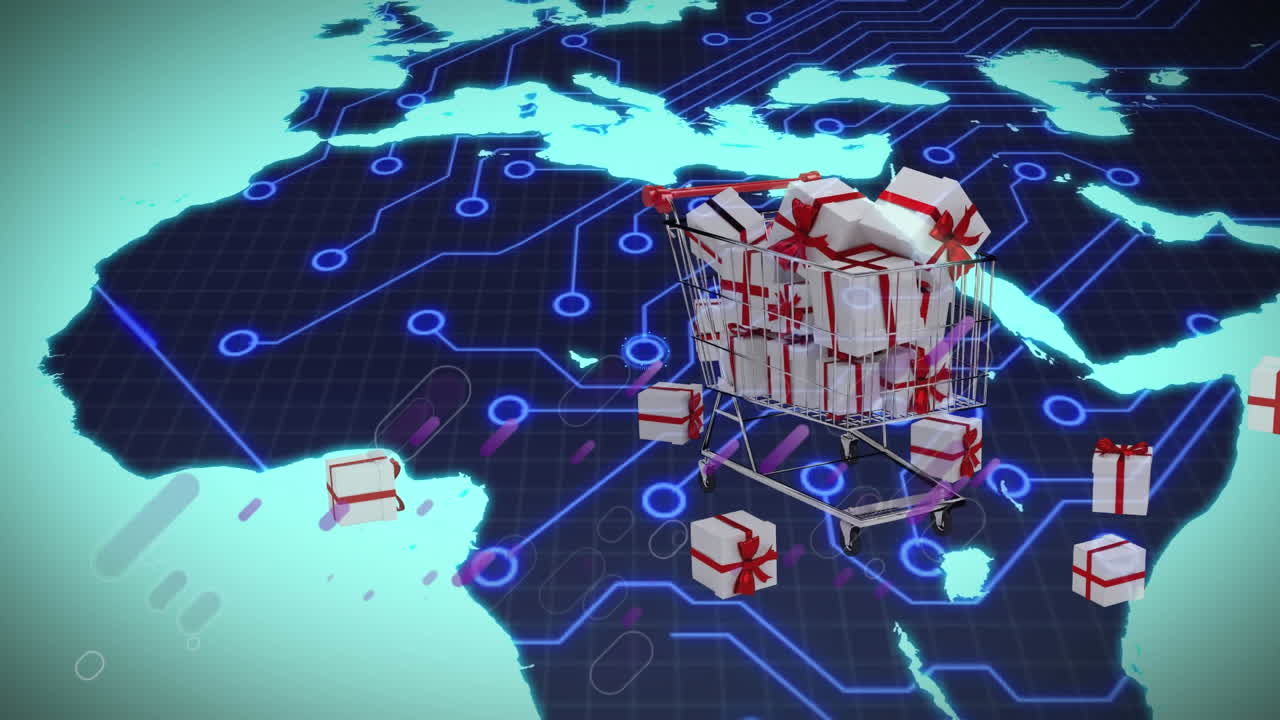 쇼핑 트롤리와 세계 지도에 대한 통계의 애니메이션