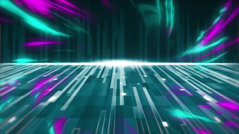 animation of spinning colorful lights over glowing blue stripes and moving colorful grid