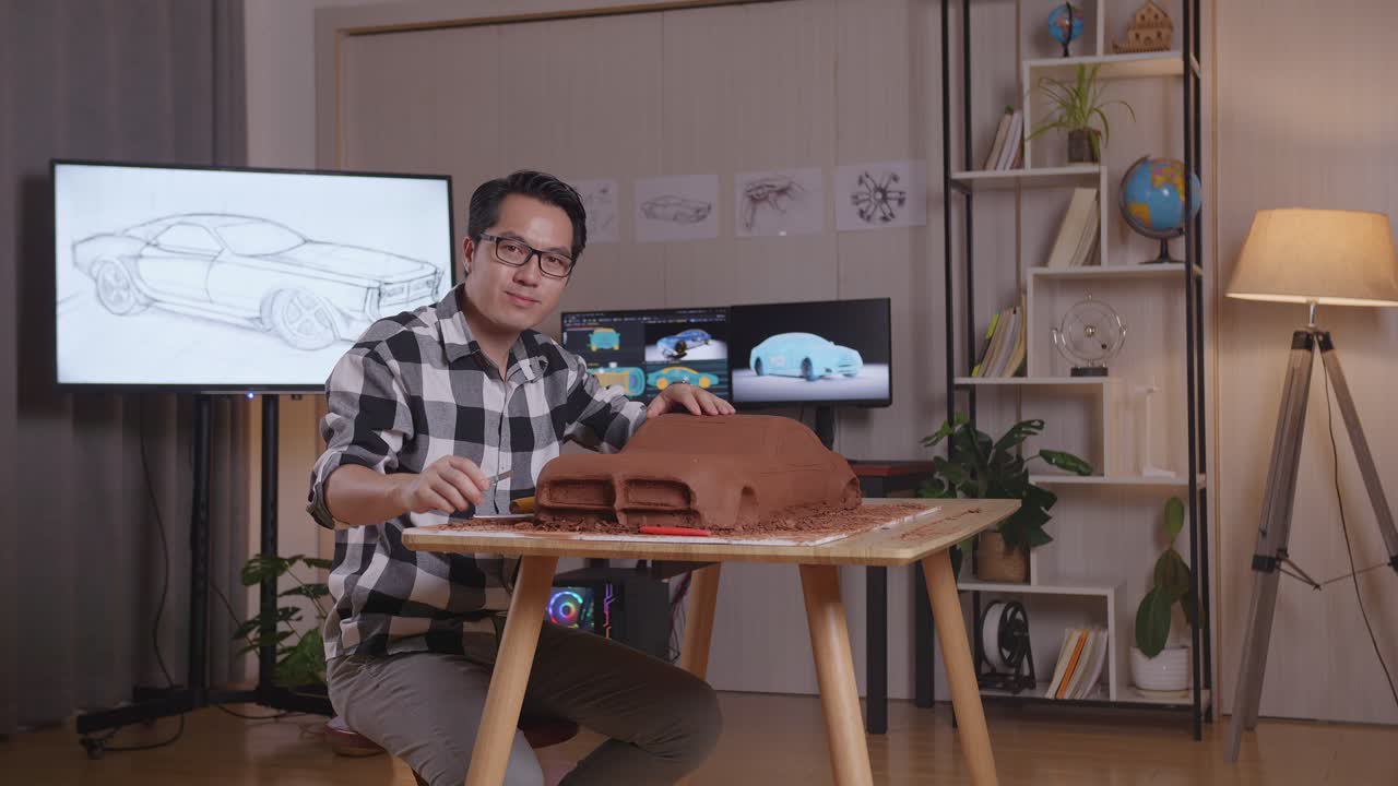아시아인 자동차 디자이너가 스튜디오에서 자동차 점토 조각을 작업하는 동안 카메라에 미소 짓고 있습니다.