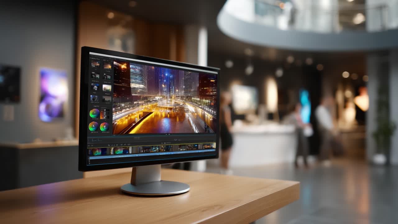 Un'area di lavoro moderna con un elegante monitor che mostra un paesaggio urbano con luci vivaci, mettendo in risalto la creatività digitale in un ambiente contemporaneo