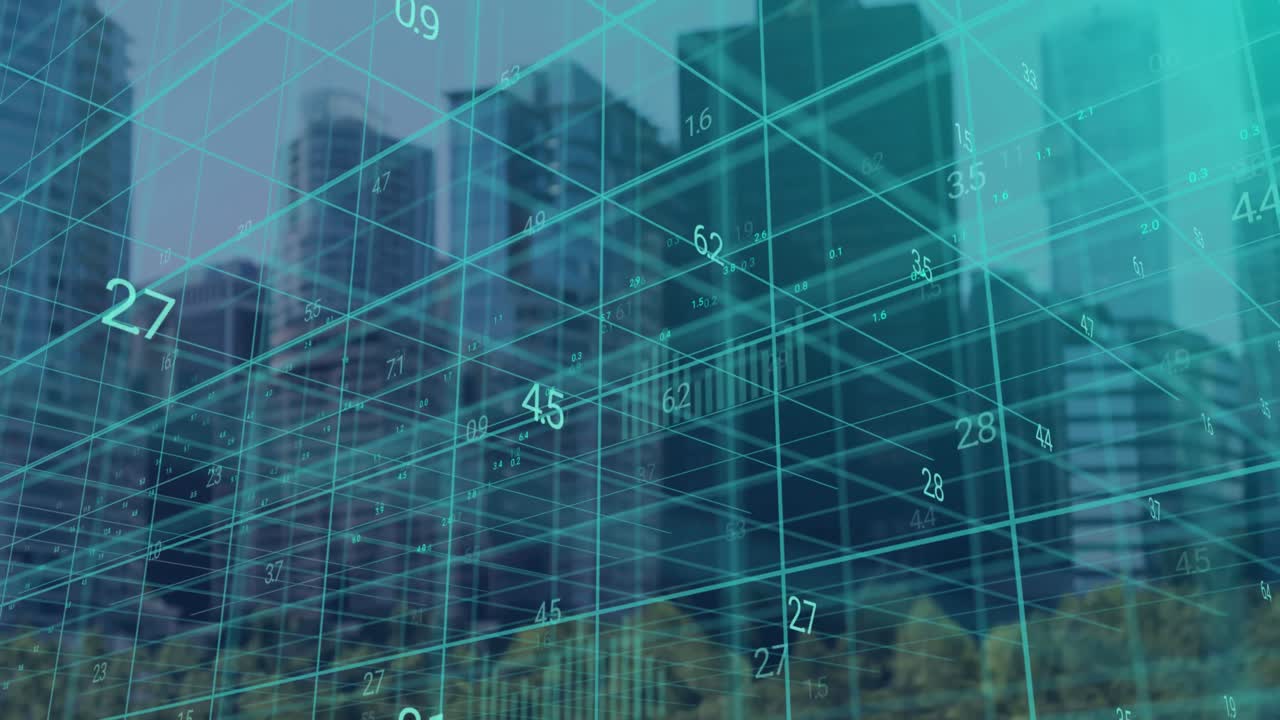 animación del procesamiento de datos en cuadrícula 3d sobre edificios en el paisaje urbano moderno